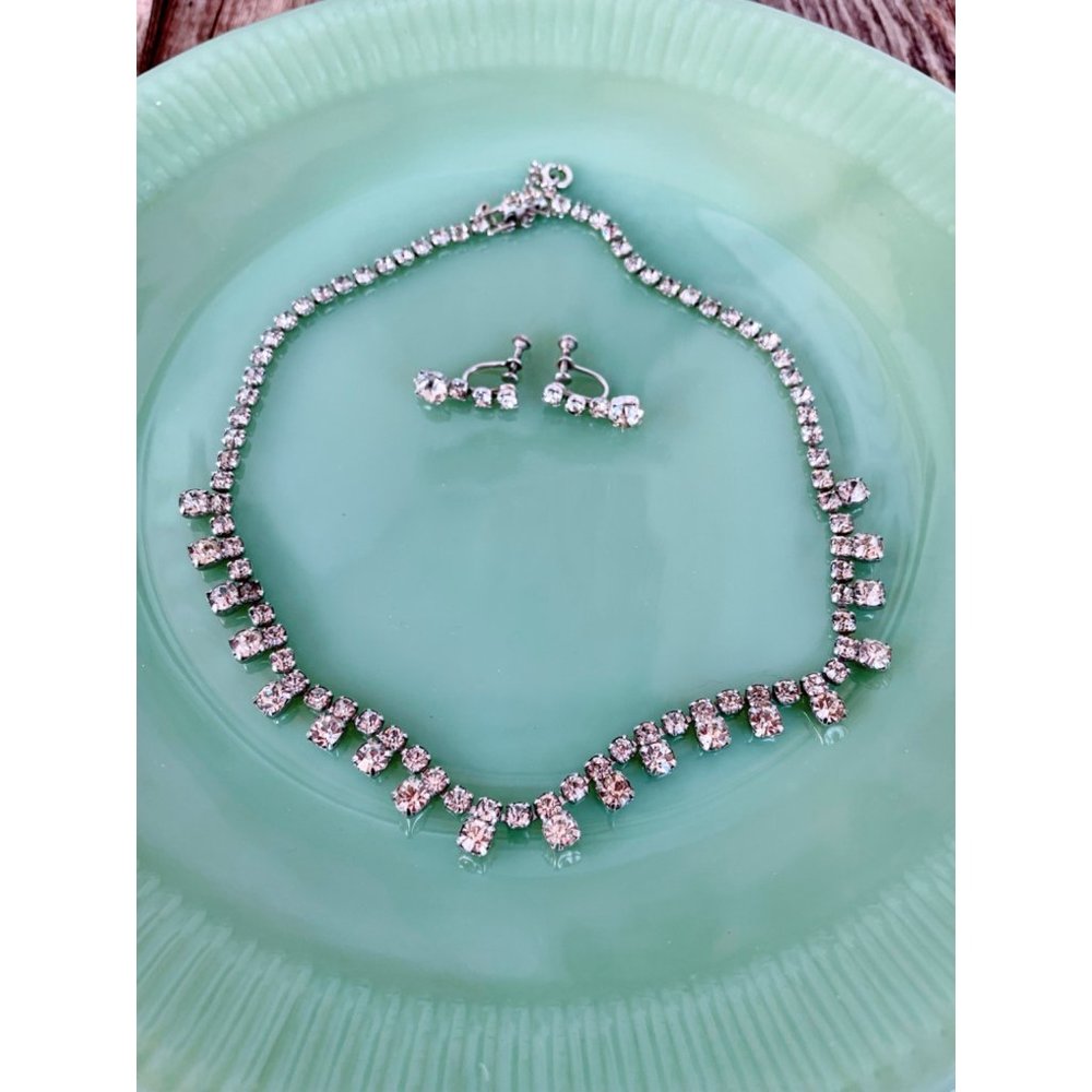 Vintage Clear Rhinestone Earrings and Necklace choker Set